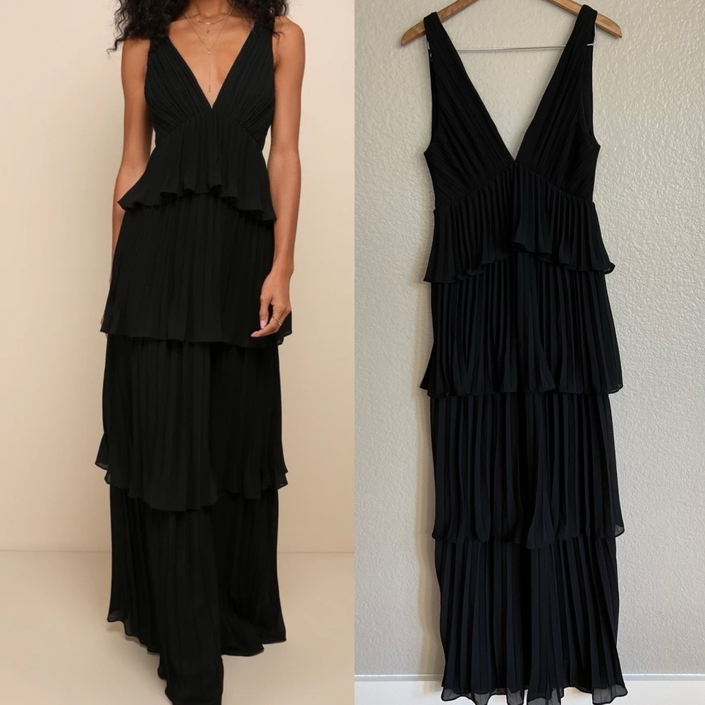 NWOT Mesmerizing Essence Black Pleated Backless Tiered Maxi Dress